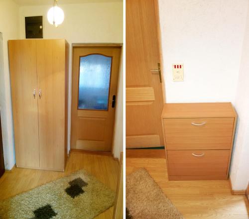 two pictures of a room with a cabinet and a door at Eko Apartment Sarajevo in Sarajevo