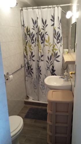 a bathroom with a shower curtain with a sink and a toilet at Apartment Dinko in Cres
