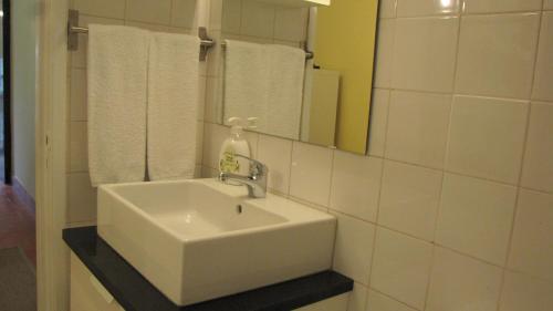 een badkamer met een wastafel, een spiegel en handdoeken bij Foz Gardens in Porto