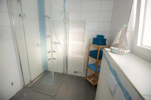 y baño con ducha y cabina de ducha acristalada. en Family Apartments, en Rust