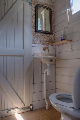 a bathroom with a sink and a toilet at Artistiek Vakantiehuisje in Hulst
