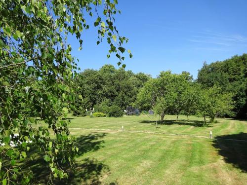 a large grass field with trees in the background at Les chaumières du Chêne in Pouillé