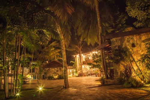 a street with palm trees and a building at night at Villa Pinnawala in Pinnawala