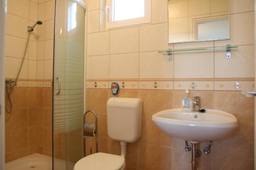 e bagno con servizi igienici, lavandino e doccia. di Radek Vendégház és Apartman a Halászi