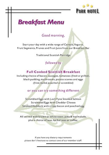 a menu for a park house with a pink at The Park Hotel in Dunoon
