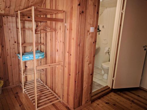 a room with a wooden wall with a ladder in a bathroom at Naktsmītne Lubānā in Lubāna
