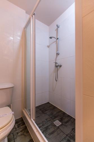 a bathroom with a shower and a toilet at Boutique Hotel Annuska in Balatonfüred
