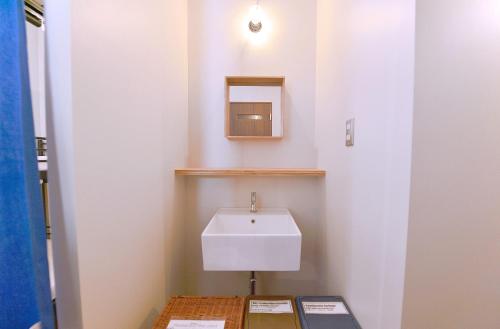 a bathroom with a white sink and a mirror at Chillulu Hostel in Yokohama