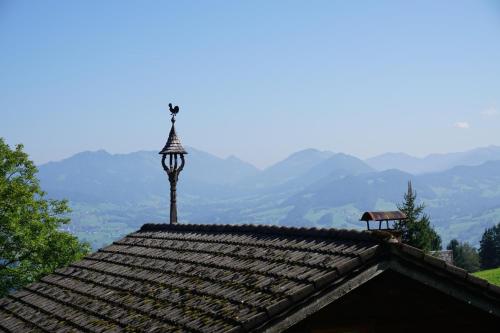 a street light on top of a roof with mountains in the background at Ferienwohnungen im Blockhaus Metzler in Schwarzenberg im Bregenzerwald