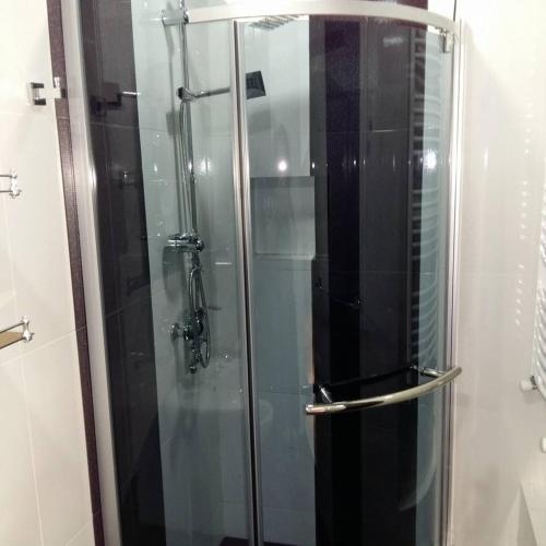 una ducha con puerta de cristal en un baño en Hotel Renesans, en Tiflis