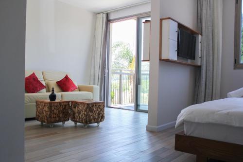 a living room with a couch and a bed and a television at Yarden Estate Hotel in Yesod Hamaala