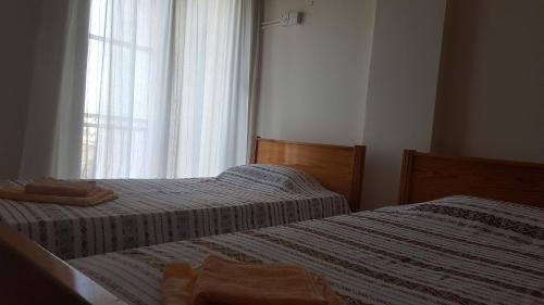 two twin beds in a bedroom with a window at Chariandry Court in Pissouri