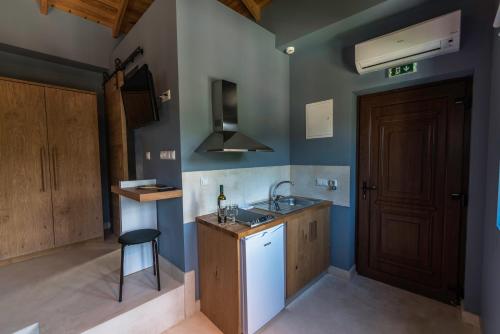 a kitchen with blue walls and a sink and a door at Anthelia in Skala Potamias
