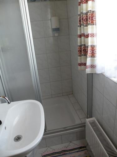 a bathroom with a sink and a shower at Hiasl Zirbenhütte in Hochrindl