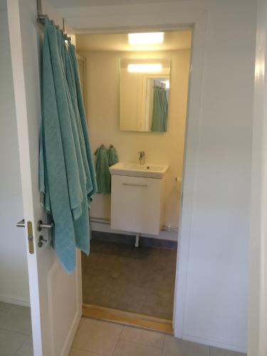 a bathroom with a sink and a mirror at Lägenhet Färjestaden in Färjestaden