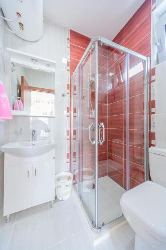 a bathroom with a shower and a toilet and a sink at Teuta Apartments in Ulcinj