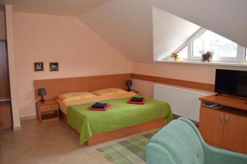 a bedroom with a green bed and a television at Apartmany Svaty Kriz in Liptovský Mikuláš
