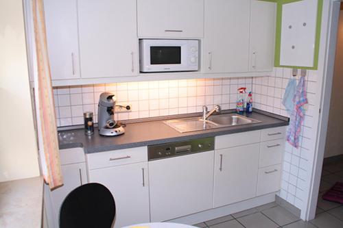 una piccola cucina con lavandino e forno a microonde di Ferienwohnung Helfenstein a Idar-Oberstein