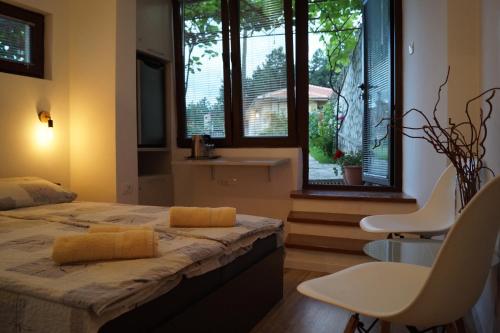 1 dormitorio con 1 cama y 2 ventanas en Snegar Apartments, en Ohrid