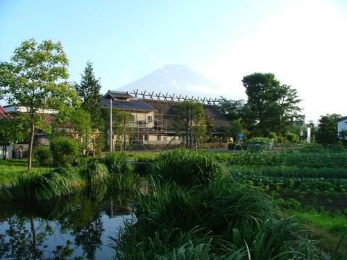 忍野村にあるレイク忍野の山を背景に望む庭園