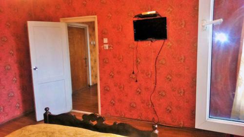 a bedroom with a red wall with a television on it at Hotel Lilo near Airport in Tbilisi City