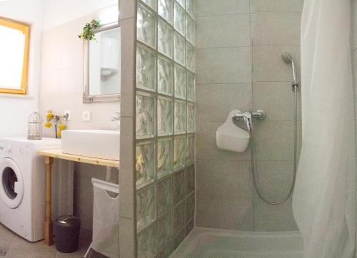 een badkamer met een douche en een wastafel bij Apartment Dore in Krk