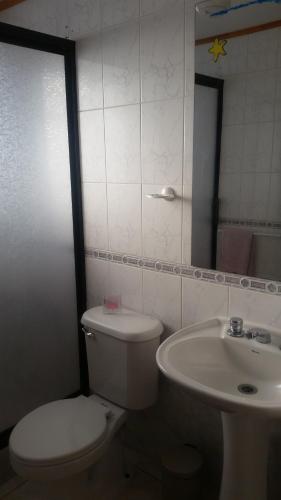 a bathroom with a white toilet and a sink at Tatas Haus in Las Trancas