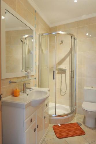 a bathroom with a shower and a sink and a toilet at Appartement Quarteira in Quarteira