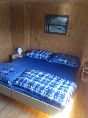 a bed with blue sheets and pillows in a room at Pension Panorama in Tanvald