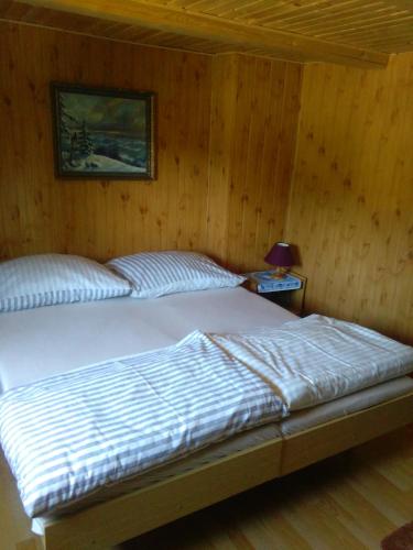 a bedroom with two beds in a wooden wall at Pension Panorama in Tanvald