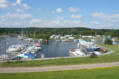 a bunch of boats are docked in a marina at Landgasthof Schützenhof Artlenburg in Artlenburg