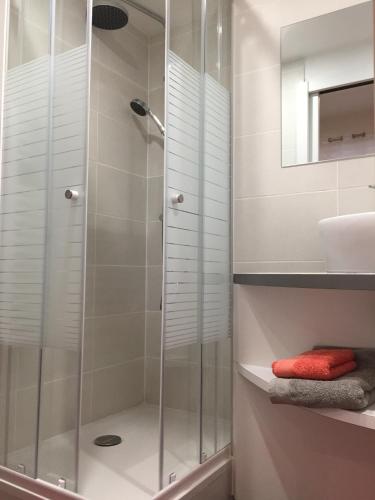 une douche avec une porte vitrée dans une salle de bain dans l'établissement Appart Cocoon / Rue Porte Dijeaux, à Bordeaux