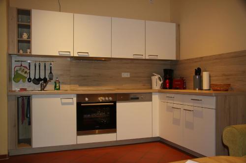 a kitchen with white cabinets and an oven at Hofgut Wollin GmbH in Putgarten