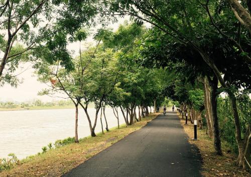 a tree lined path next to a river at Sunrise Inari B&B in Dongshan