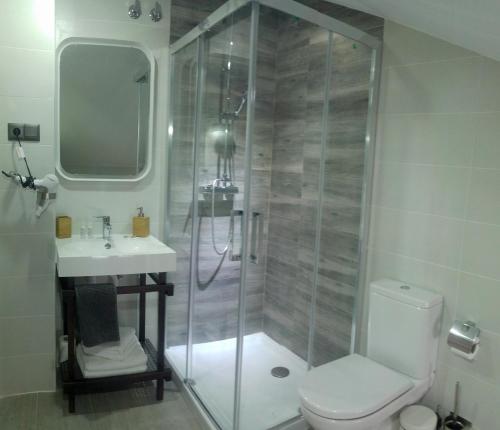 a bathroom with a shower with a toilet and a sink at The Lights City Rooms in Málaga