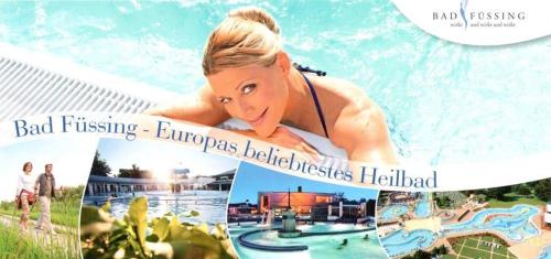 a collage of photos of a woman on a surfboard at Fichtenwald-Ihr Boutique I Glück`s Hotel in Bad Füssing