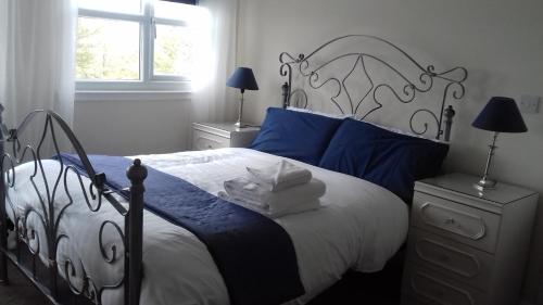 a bedroom with a large bed with blue and white at Hamsteels Hall Cottages in Langley Park