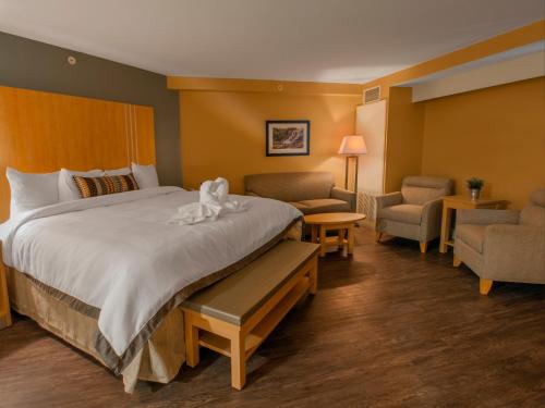 a hotel room with a large bed and chairs at Hotel Ithaca in Ithaca