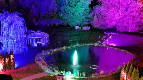 un giardino con laghetto, gazebo e luci viola di Grandhotel Niederösterreichischer Hof a Lanzenkirchen