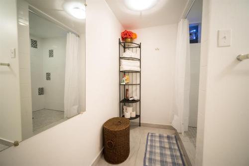 a bathroom with a shower and a stool at Maria Montreal in Montreal