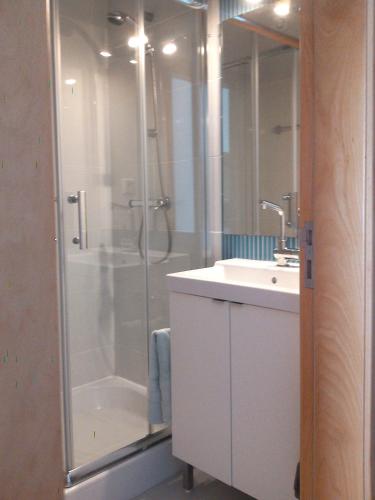 a bathroom with a shower and a sink at Formosa Village in Fuzeta