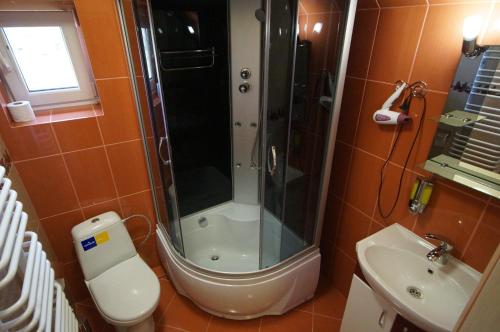 a bathroom with a shower and a toilet and a sink at Panorama Yasinya in Yasinya