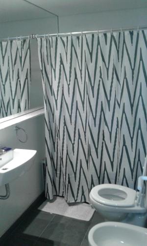 a bathroom with a chevron shower curtain and a toilet at Pueyrredon 1101 in Rosario