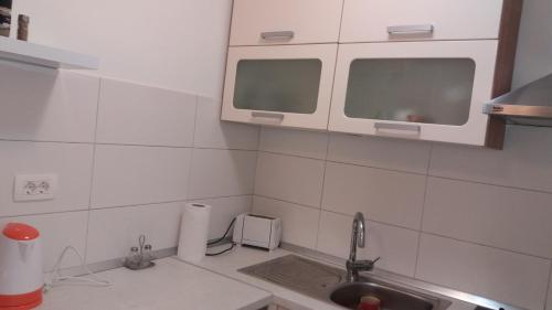 La cuisine est équipée d'un évier et d'un four micro-ondes. dans l'établissement Apartments Bride's Rock, à Baška Voda