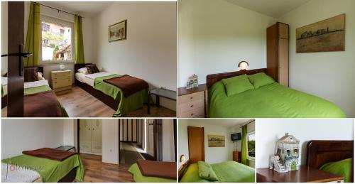 a collage of four pictures of a bedroom at Rajski vrt in Crikvenica