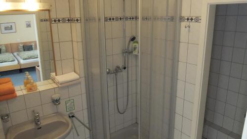 a bathroom with a shower and a sink at Hotel Schlossberg in Meißen