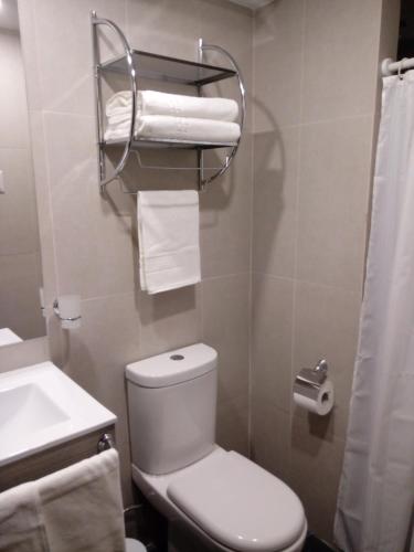 a bathroom with a toilet and a sink and towels at Hotel Elisa Cole in Santiago