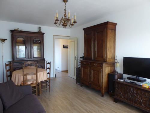 a living room with a couch and a tv at SUNNY DAYS - App 60 m2 avec balcon, 4 pers, 3e étage, au calme et ensoleillé in Le Touquet-Paris-Plage