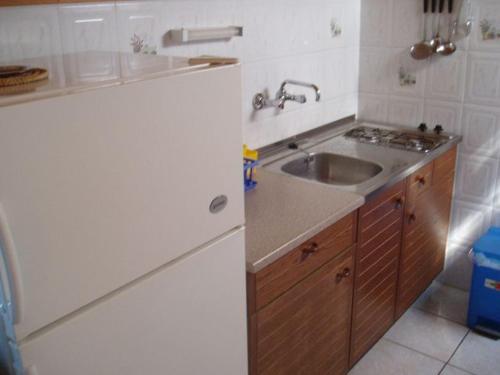 a kitchen with a sink and a white refrigerator at Apartments Medulin in Medulin