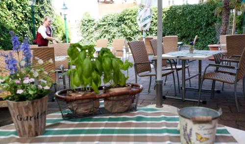 ノインキルヒェンにあるHotel Restaurant Osterbauerの鉢植えの中庭に立つ女